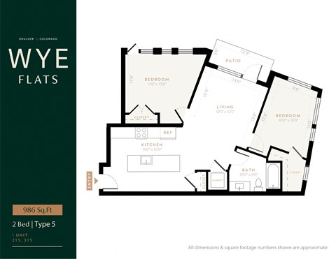 Floor plan for 2 beds, 1 bath, 986 sqft